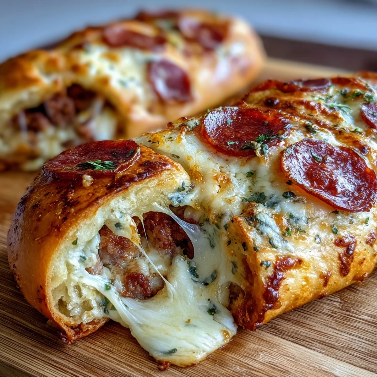Sliced wedges of Baked High-Protein Pepperoni Stromboli reveal layers of lean ground beef and gooey cheese, perfect for dipping in pizza sauce.