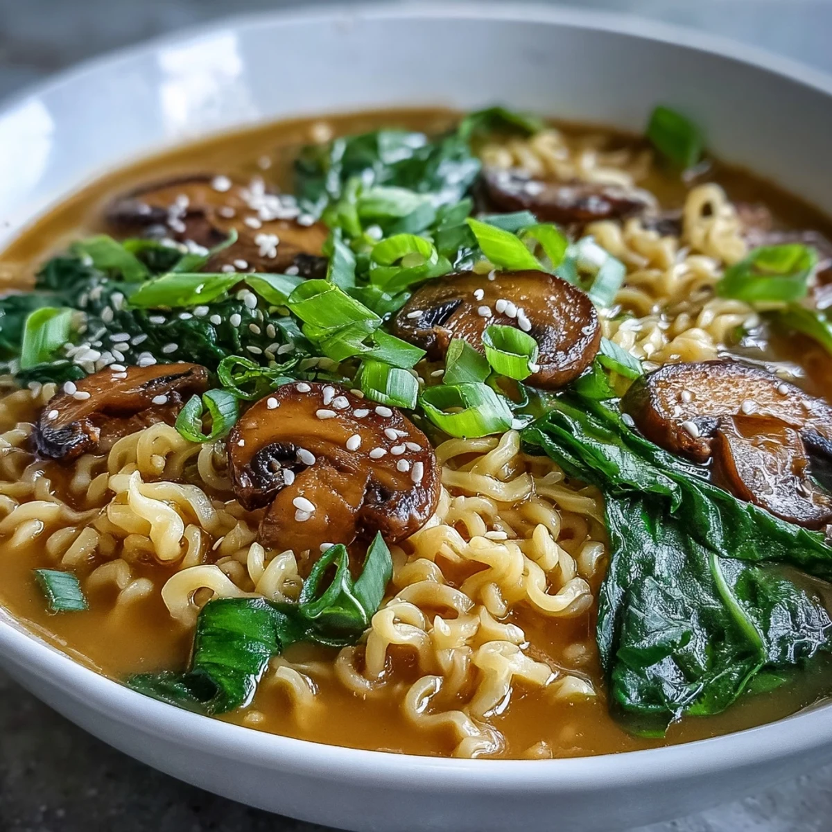 Serving of Vegan Coconut Curry Ramen with Bok Choy and Mushrooms, highlighting tender greens and sautéed mushrooms.