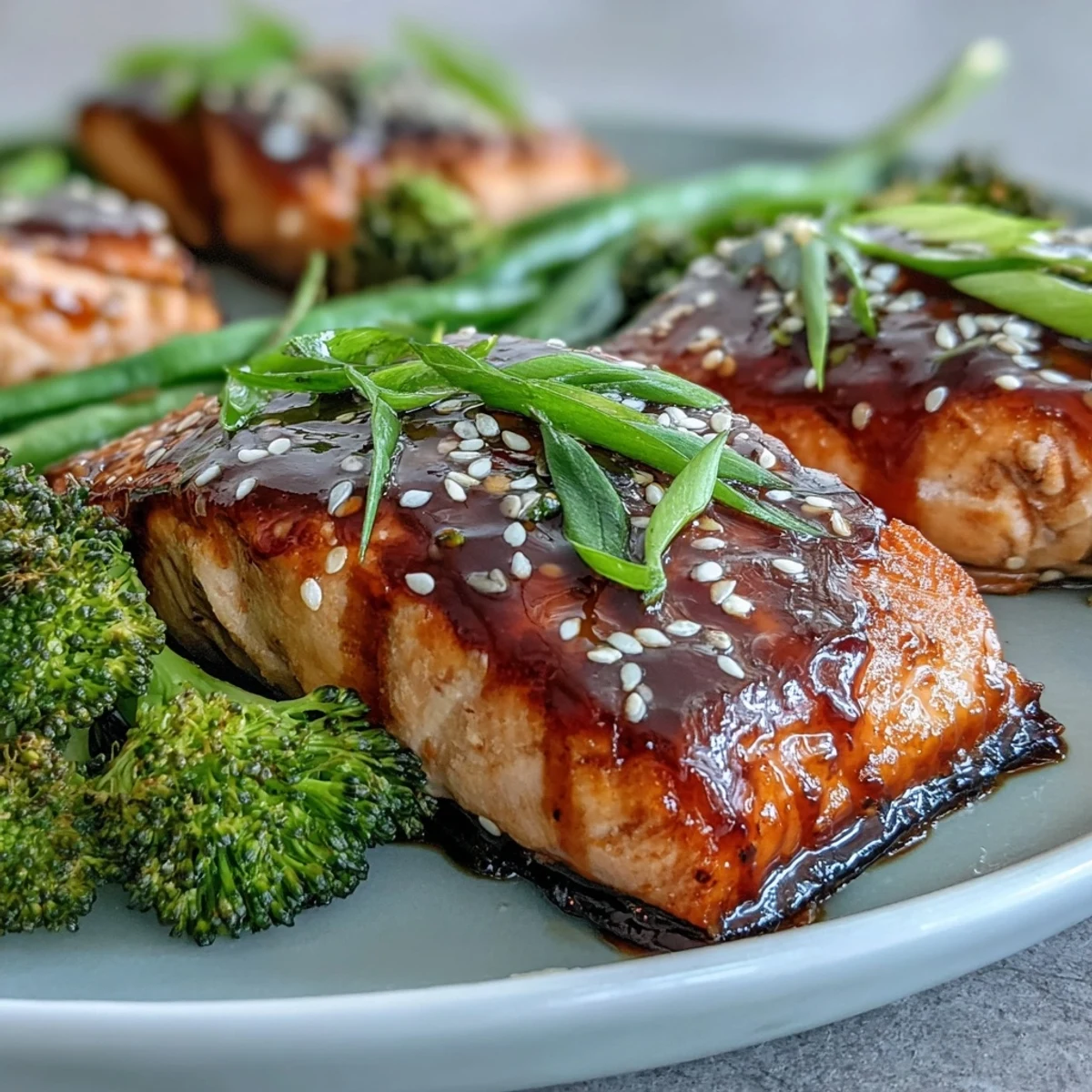 Golden-baked Sheet Pan Teriyaki Salmon fillets with roasted broccoli and snap peas, glistening with glossy homemade sauce.