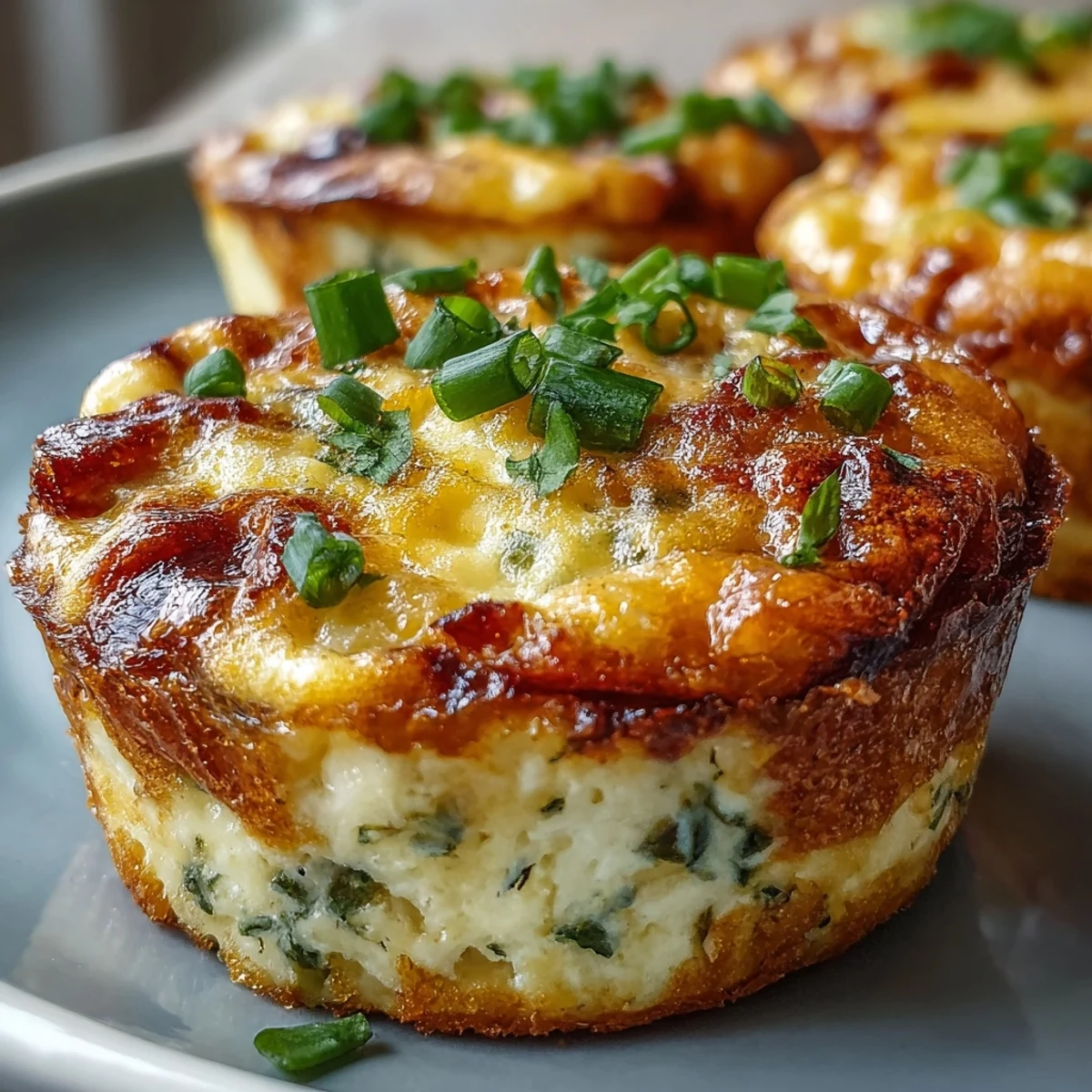 Six golden Keto Jalapeño Cheddar Egg Cups rest on a white plate, garnished with fresh cilantro and a sprinkle of black pepper.