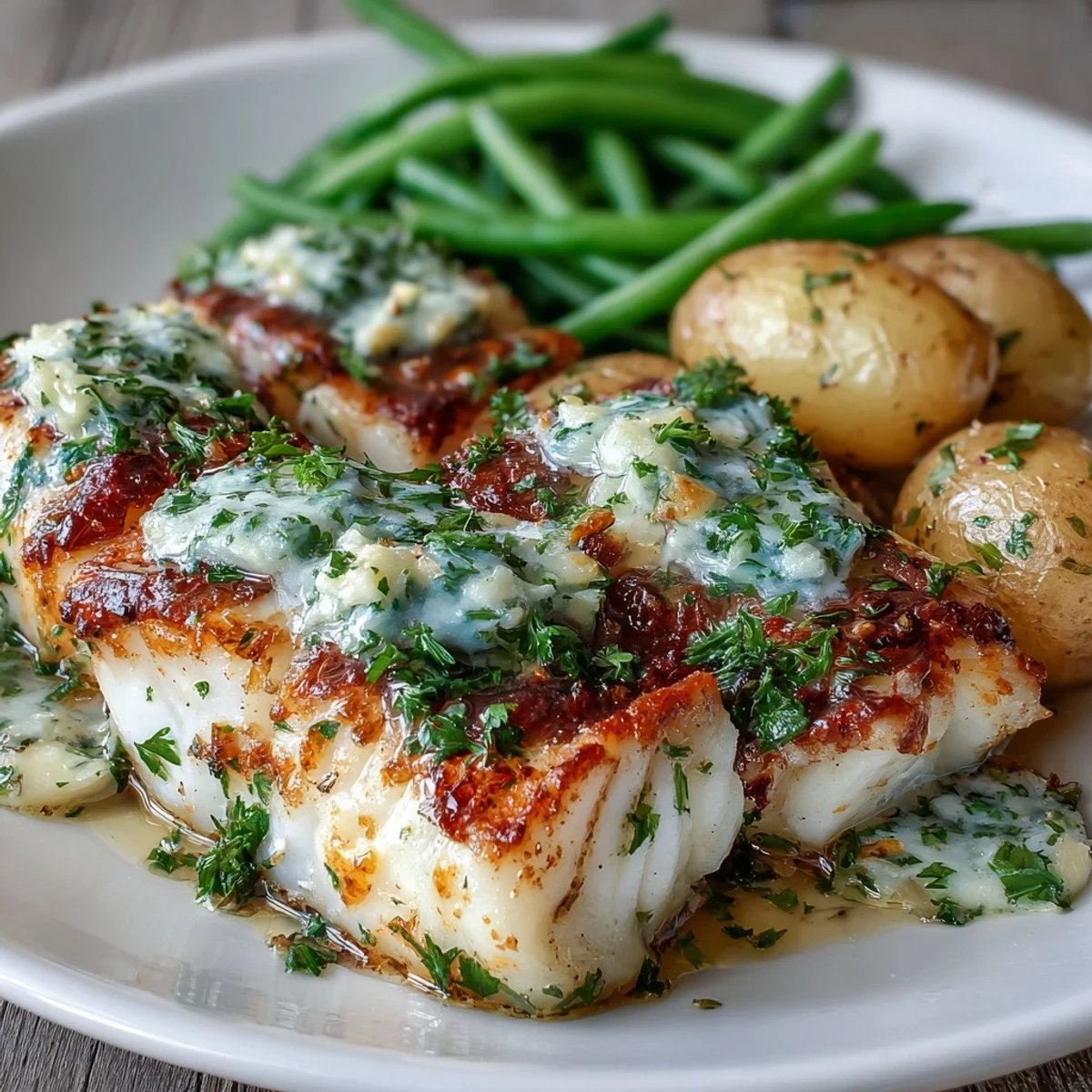 Golden Garlic Herb Butter Cod fillets baked alongside creamy baby potatoes and crisp green beans on a baking sheet.