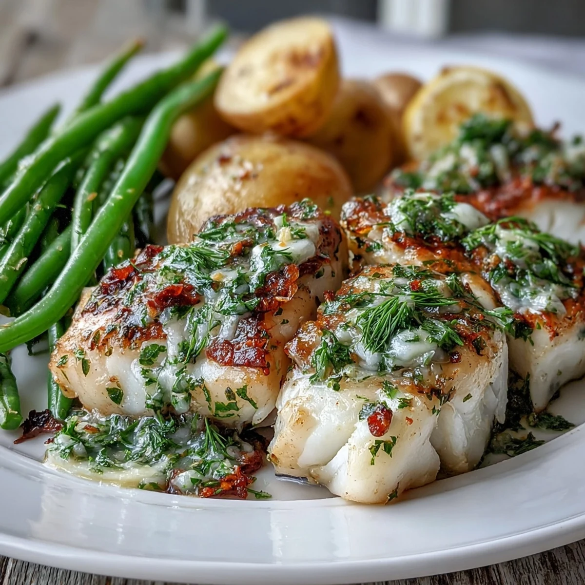 Tender white fish fillets topped with fresh herb butter, roasted potatoes, and bright green beans for a simple dinner.