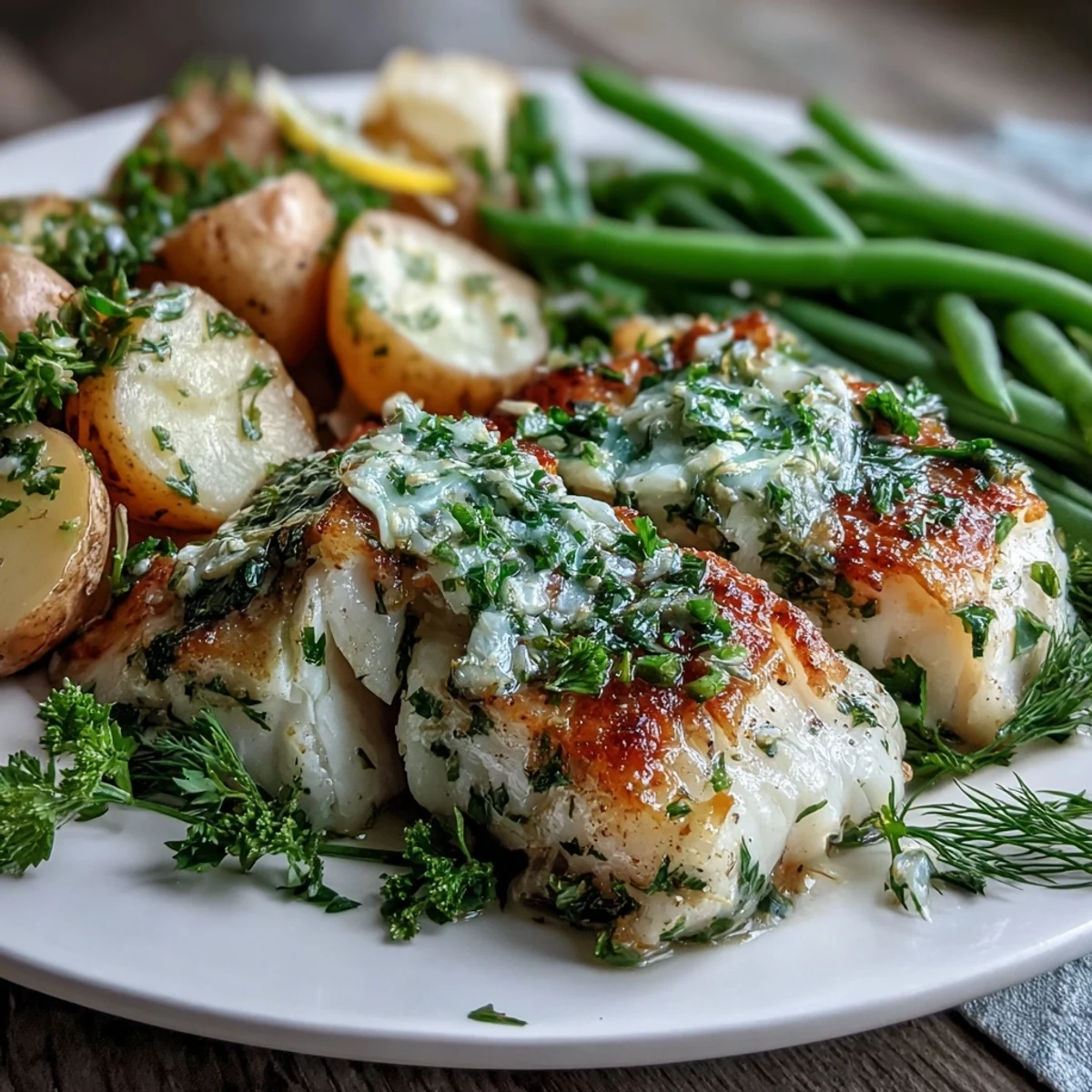 Garlic Herb Butter Cod with green beans and golden potatoes, served hot and garnished with fresh herbs.