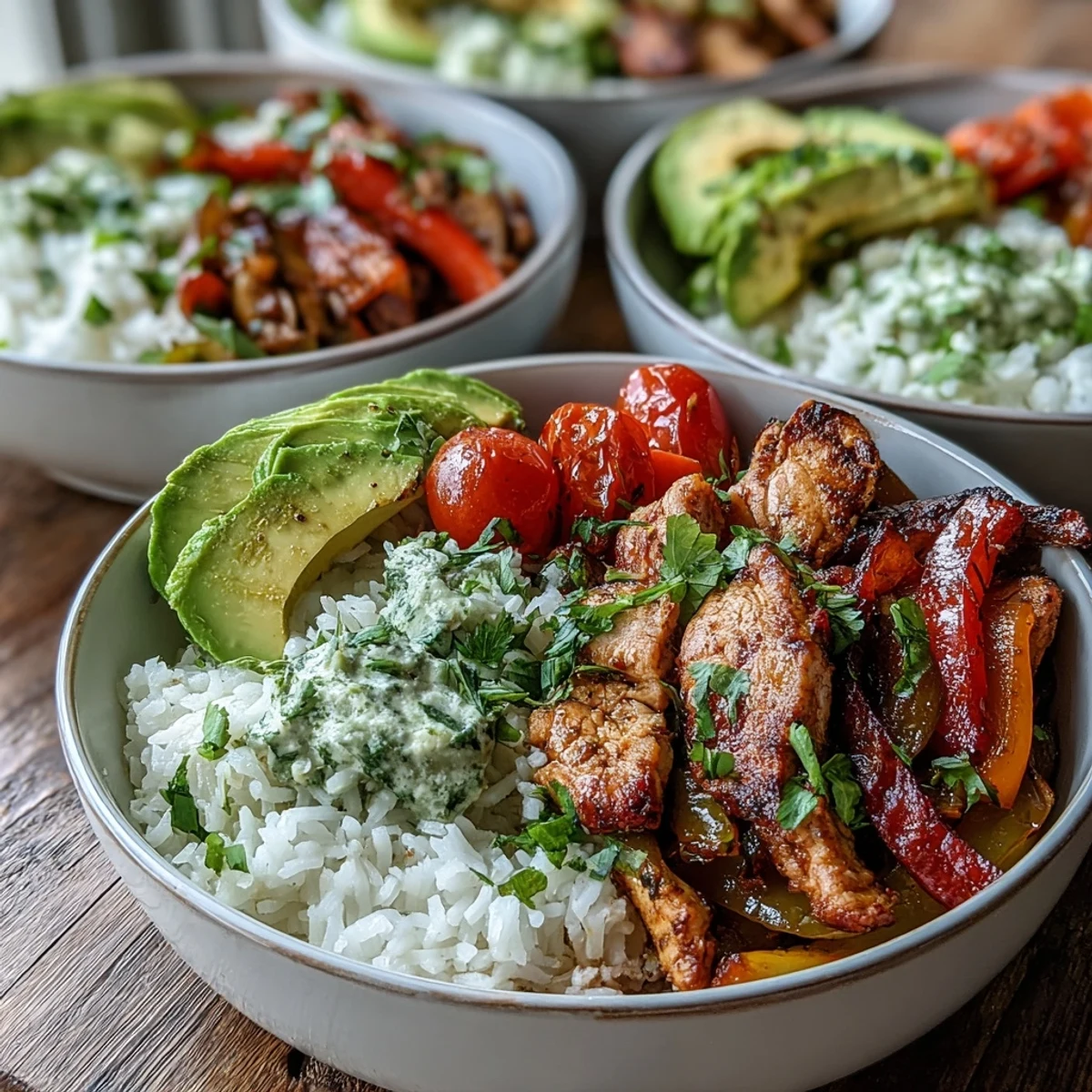 Close-up of the Skinny Chicken Fajita Meal Prep Bowls with Cilantro-Lime Rice, featuring juicy seasoned chicken strips and bright bell peppers. 