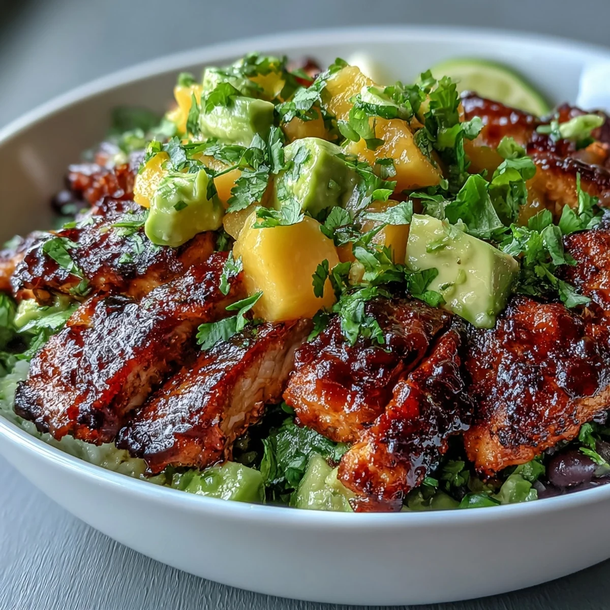 Juicy grilled chicken breast served over fluffy brown rice with black beans and fresh mango avocado salsa for a healthy dinner.  