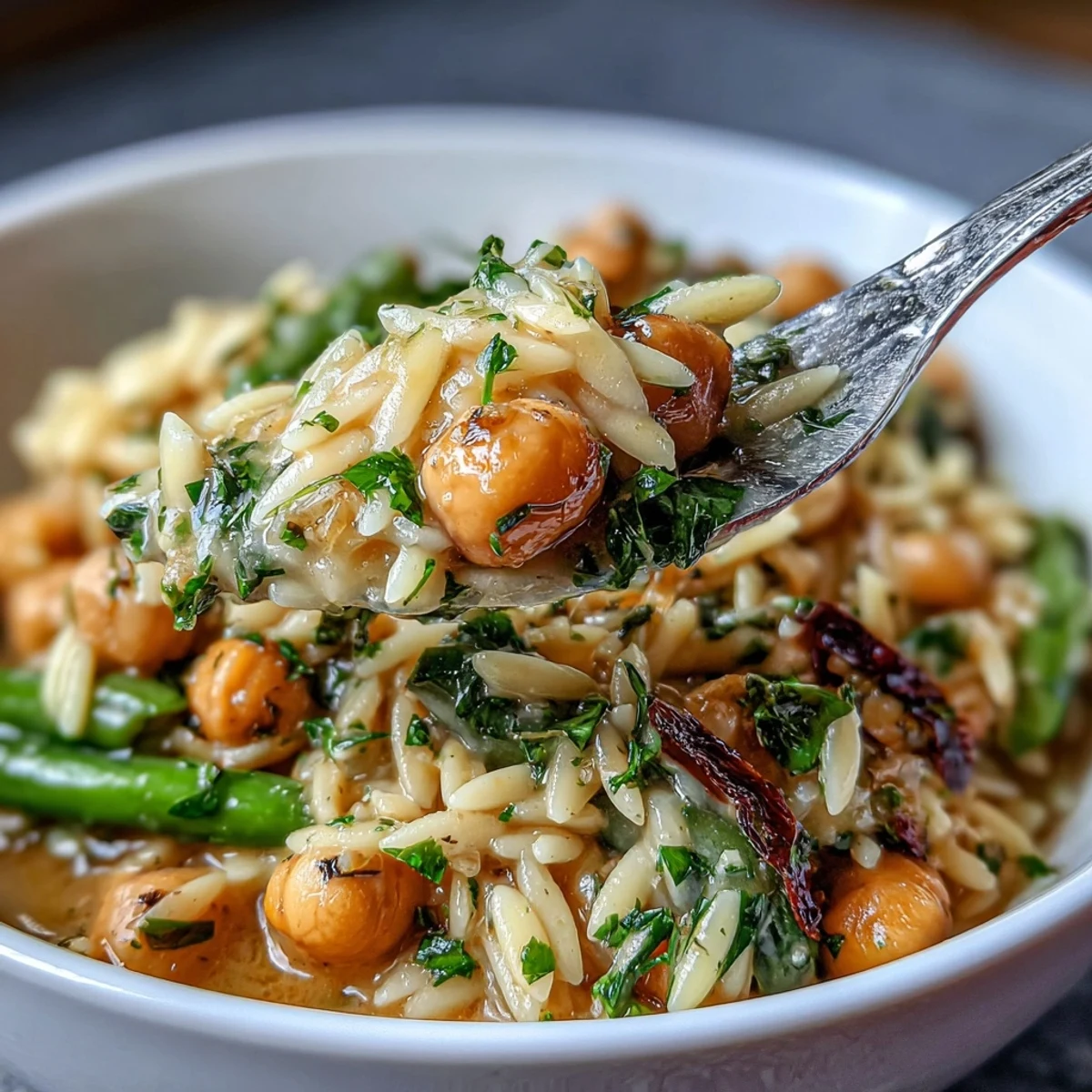 Vibrant one-pot lemon herb orzo with chickpeas and spring vegetables, bursting with fresh flavors.  
