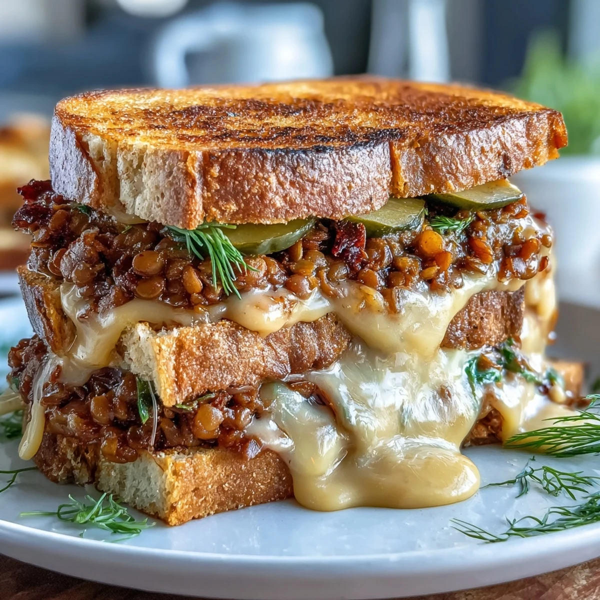 Vegan Cheeseburger Lentil Sloppy Joes on toasted sourdough with melty cheese sauce and fresh toppings.  