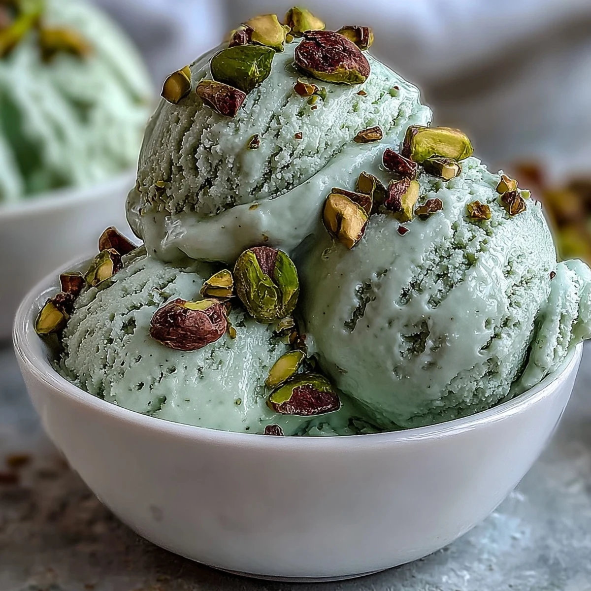Rich and nutty Italian pistachio gelato, garnished with chopped pistachios and served in a dessert cup.  