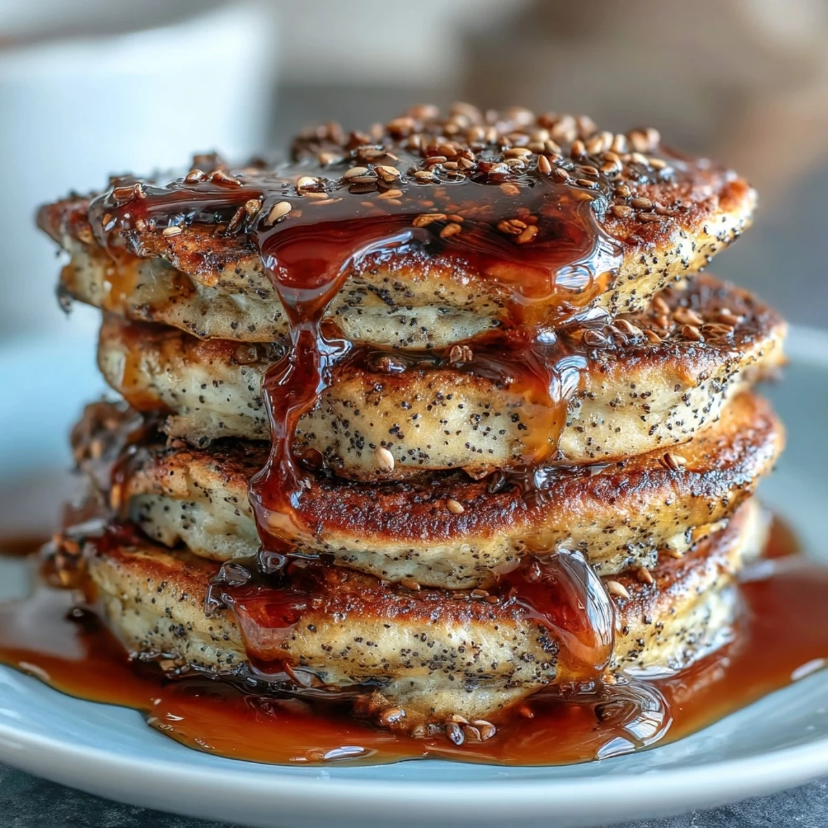 Golden pancakes swirled with black sesame paste, served warm with a drizzle of honey and fresh berries for a wholesome start.  