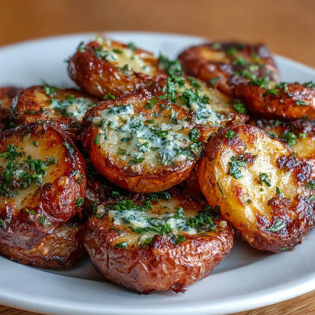 Buttery Yukon Gold potatoes smashed and brushed with garlic herb butter, then roasted until irresistibly crispy.  