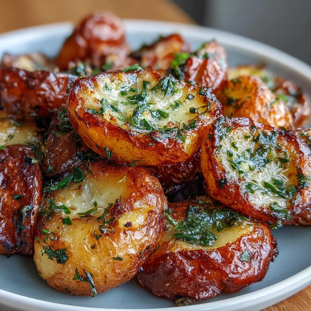 Golden smashed potatoes with roasted garlic, drizzled in olive oil and topped with fresh parsley and chives.