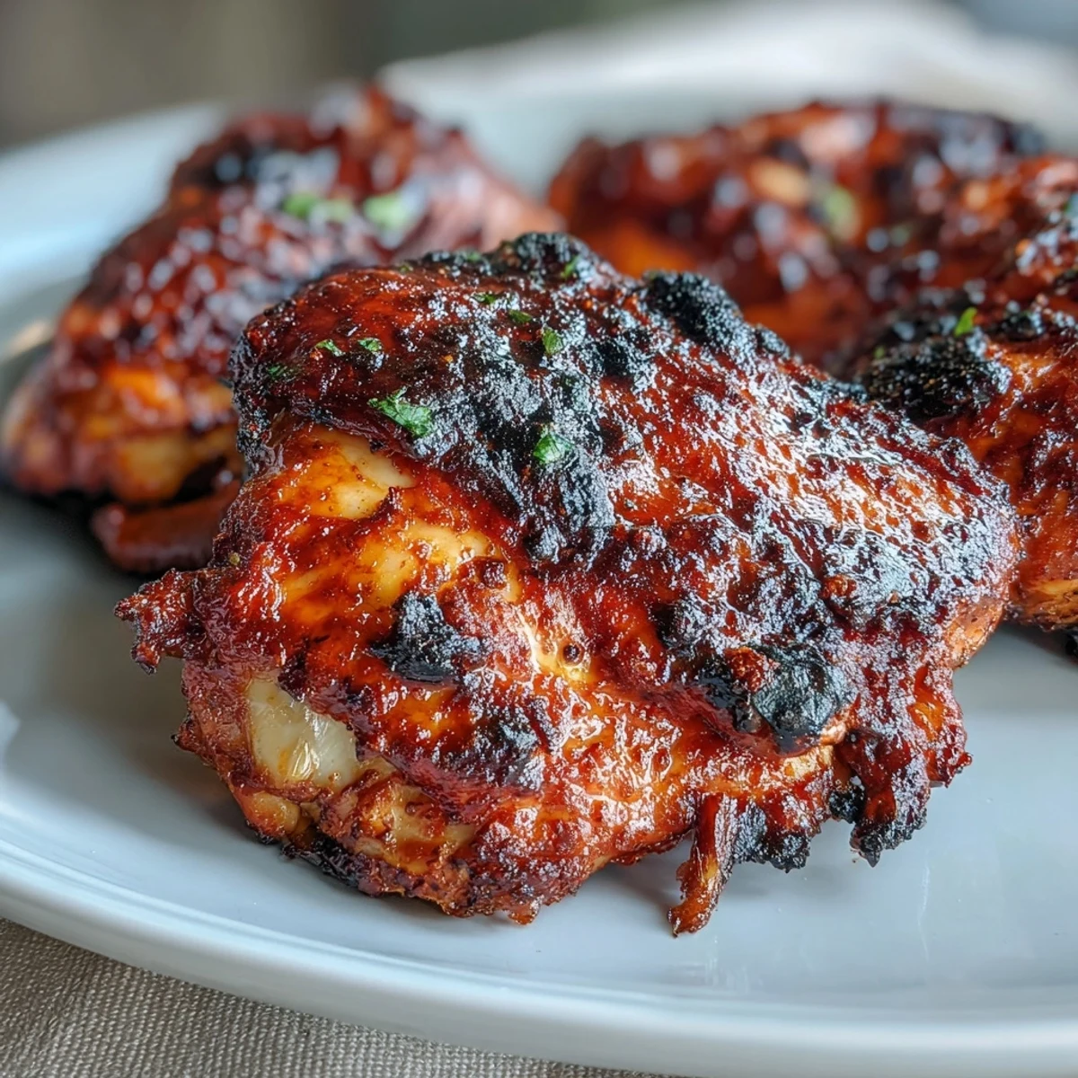 Juicy tandoori chicken thighs marinated in spiced yogurt, charred and smoky, served on a platter with fresh lemon wedges and vibrant herbs.  