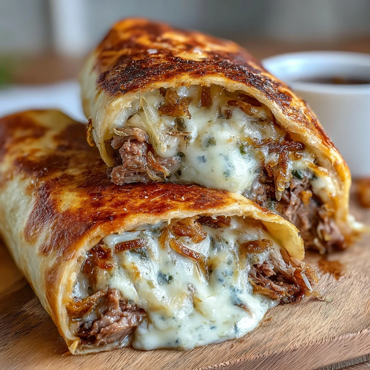 Golden-baked French Dip Tortilla Roll Ups with melted provolone, tender roast beef, and crispy fried onions, ready for dipping in warm au jus.