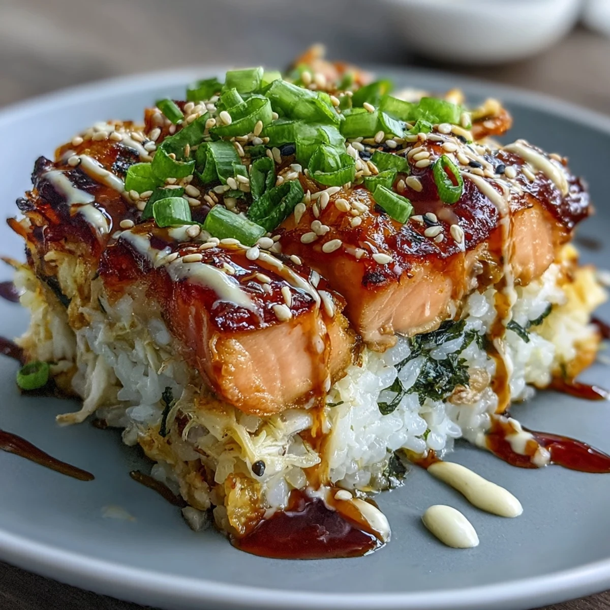 Golden-baked salmon sushi casserole layered with seasoned rice, imitation crab, and spicy Sriracha mayo topping.
