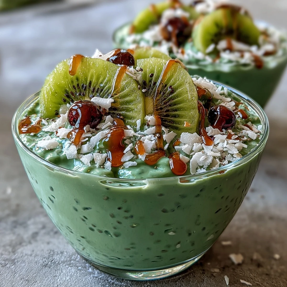 A bowl of creamy matcha overnight oats topped with kiwi slices, shredded coconut, and a honey drizzle for a refreshing breakfast.