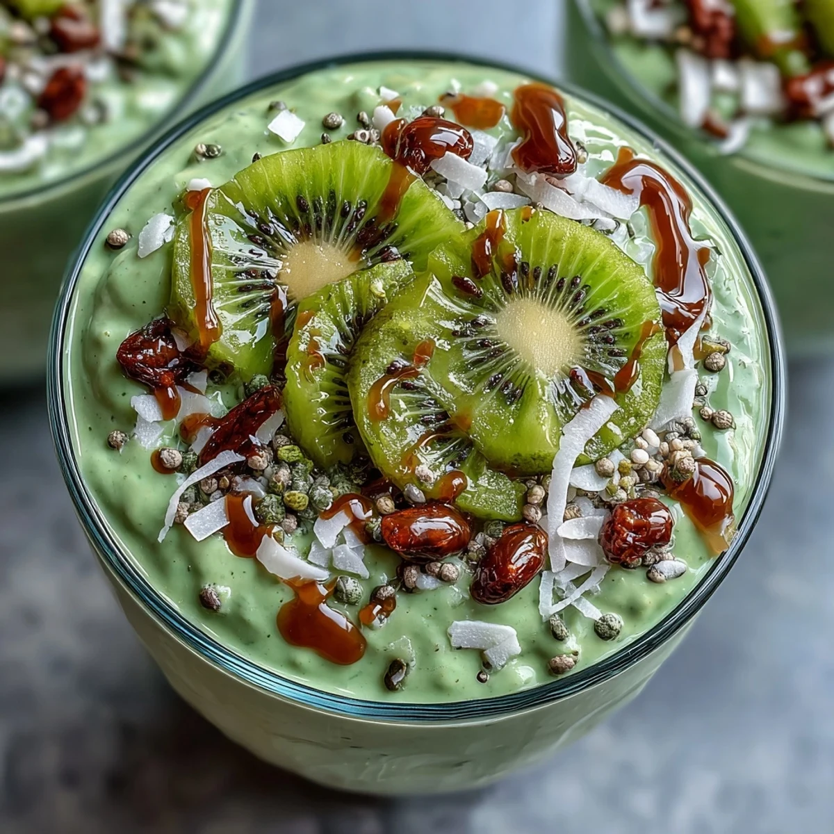 Vibrant green matcha oats with chia seeds and coconut, garnished with fresh berries and banana for a nourishing morning meal.