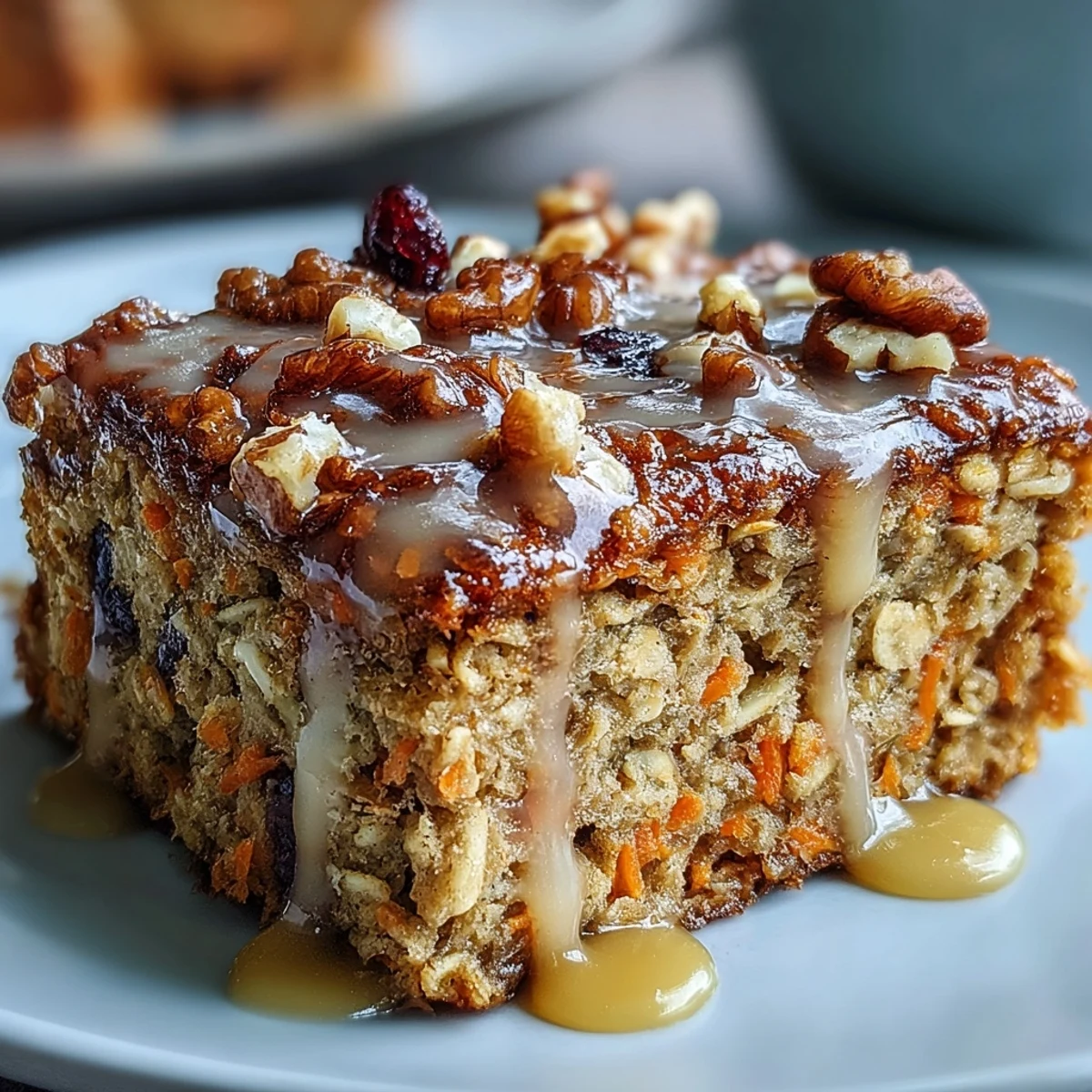 Wholesome spring carrot cake baked oatmeal squares with grated carrots, cinnamon, and walnuts, baked until golden and fragrant.