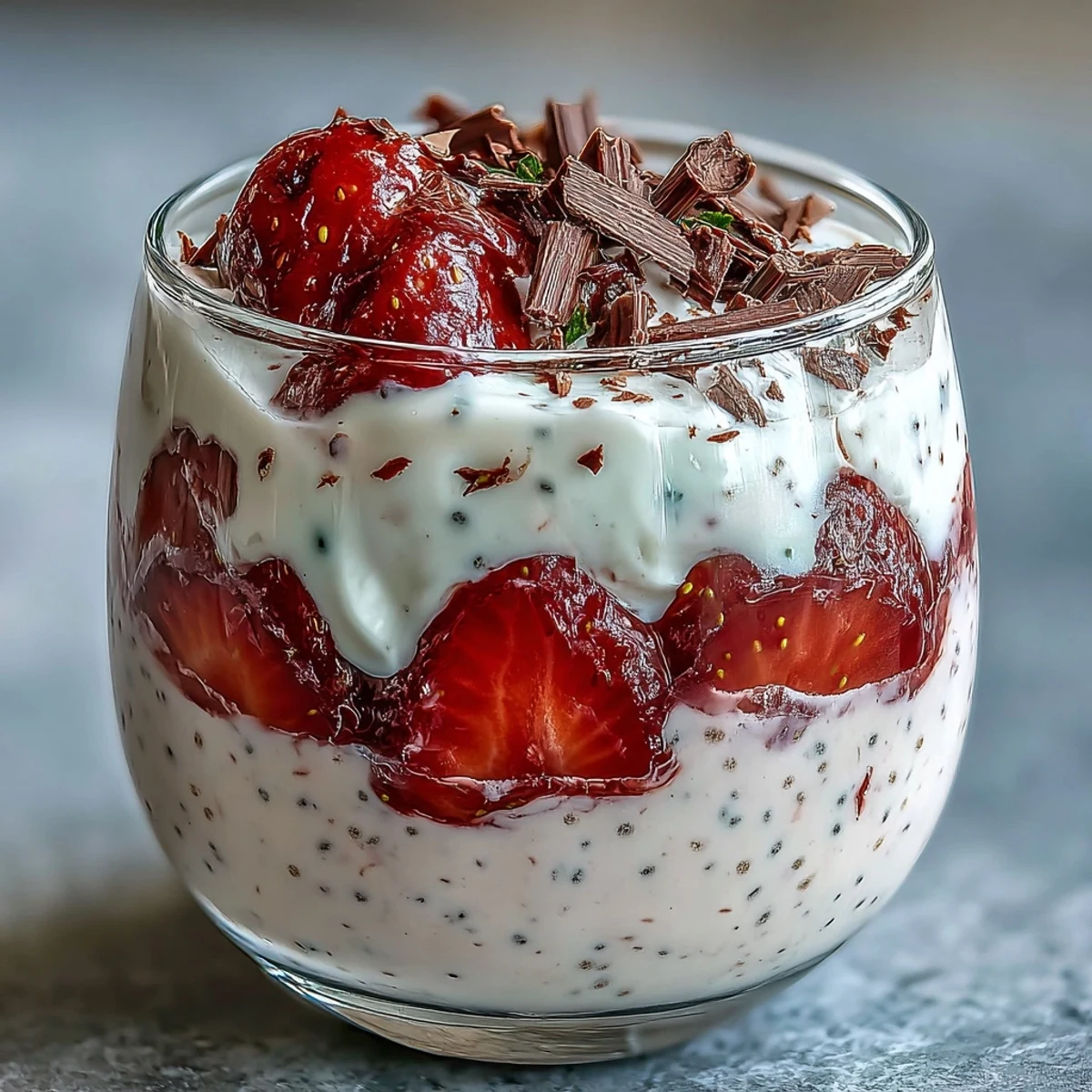 Strawberry yogurt chia pudding with dark chocolate shavings, layered in a glass with fresh berries and a sprinkle of shaved chocolate.  