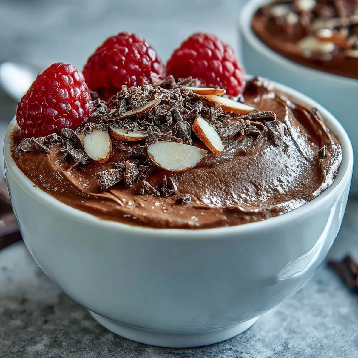 Rich and silky chocolate mousse cups made with cottage cheese and Greek yogurt, garnished with crunchy roasted nuts.  