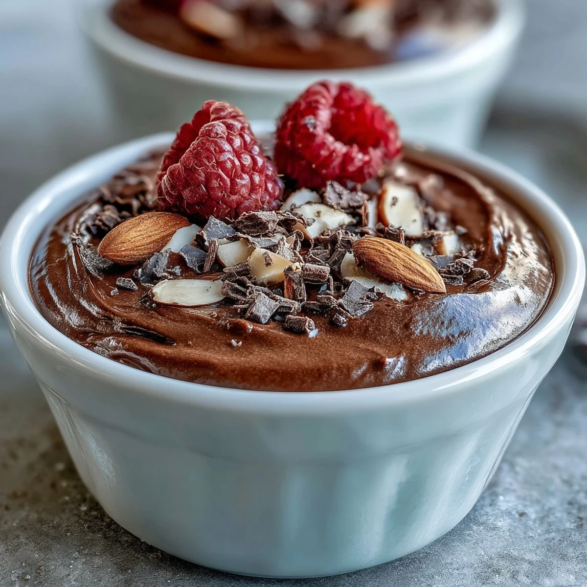 Velvety high-protein chocolate mousse layered in individual cups, offering a healthy dessert with deep cocoa flavor and optional berry topping.