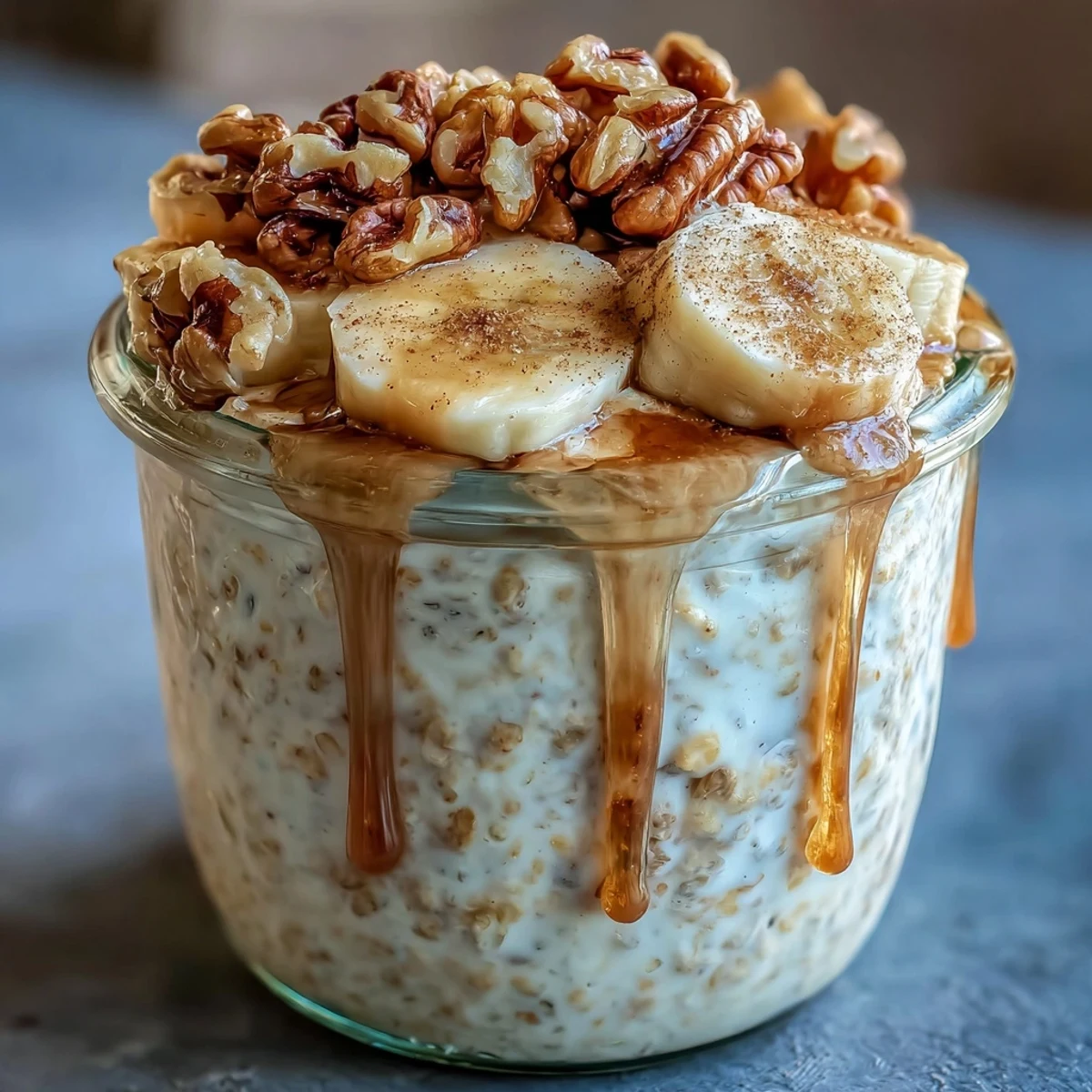 Creamy banana bread overnight oats with walnuts, topped with fresh banana slices and a drizzle of maple syrup in a glass jar.