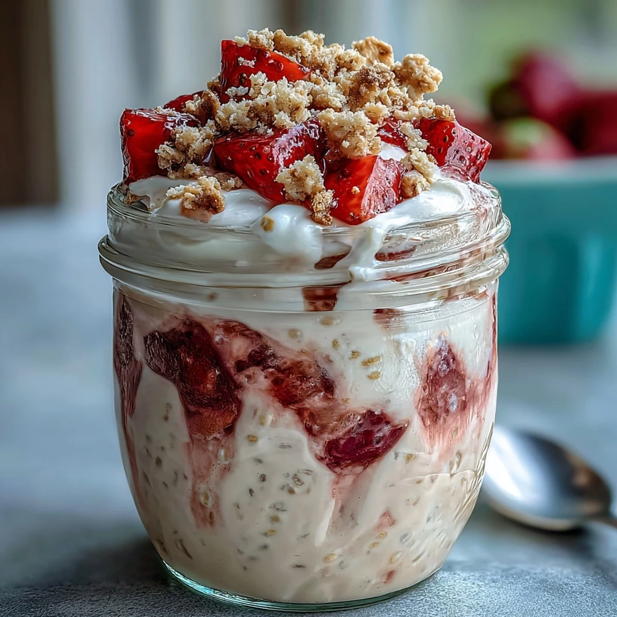 Cheesecake overnight oats in mason jars, featuring sweet strawberries and rich cream cheese layers, perfect for meal prep and easy mornings.