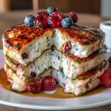 Fluffy cottage cheese and berry protein pancakes stacked high with fresh blueberries and raspberries.