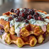 Golden sourdough waffles studded with juicy blueberries and fresh lemon zest, topped with creamy maple yogurt for a bright, tangy brunch.  