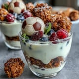 Nutritious Soccer Team Snack Cups with vanilla yogurt, fresh fruit, and granola, decorated with soccer ball toppers for a fun team treat.