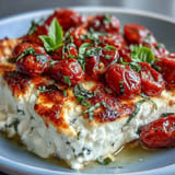 Golden baked feta pasta dish with vibrant cherry tomatoes and fresh basil herbs.