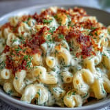 Tangy Dill Pickle Mac and Cheese baked golden, perfect comfort food.
