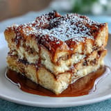 Rich, eggy Stale Croissant French Toast Casserole ready to serve with syrup.