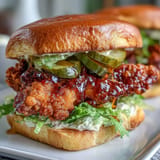 Juicy fried chicken drizzled with sweet heat on a toasted bun.