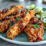Crispy pickle brine fried chicken tenders, ready for your favorite dipping sauce.