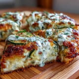 Tangy dill pickle pizza topped with melty cheese and zesty ranch.