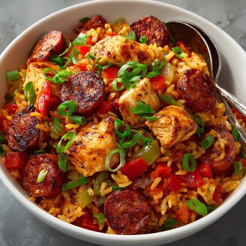 Slow Cooker Chicken Jambalaya in a rustic bowl, vibrant with peppers and Cajun sausage.
