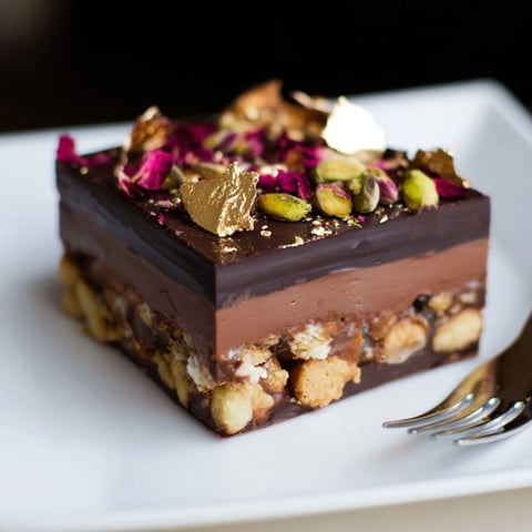 Decadent chocolate bar inspired creations adorned with gold leaf and rose petals.  