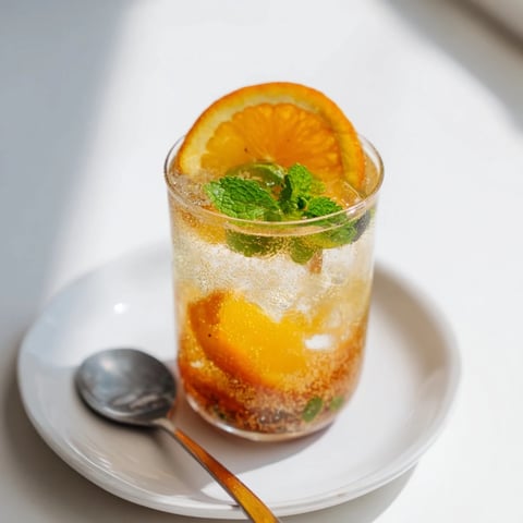 Refreshing probiotic soda mocktail with fresh citrus and mint, served over ice.  
