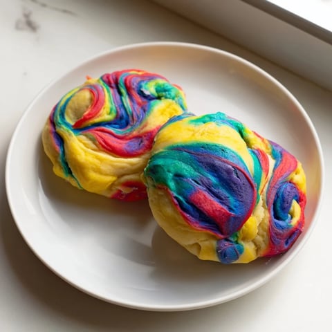 Fluffy cloud bread in rainbow colors, perfect for festive breakfast gatherings.  