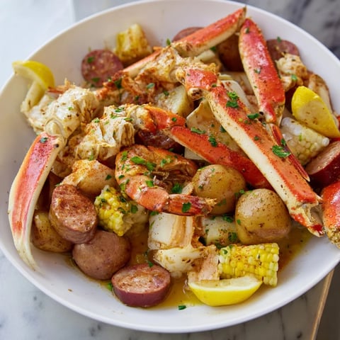 Delicious seafood boil with crab, shrimp, and sausage arranged on a vibrant platter.  