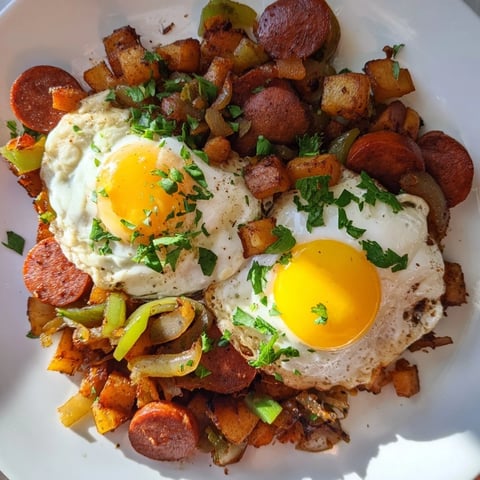 Golden, crispy Egg & Potato Hash with sizzling hot dogs and perfectly cooked runny eggs.