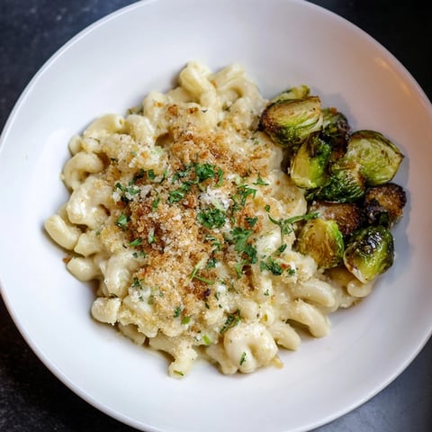 Sheet pan mac and cheese with Brussels sprouts, a cheesy, golden baked delight, ready to serve and enjoy.