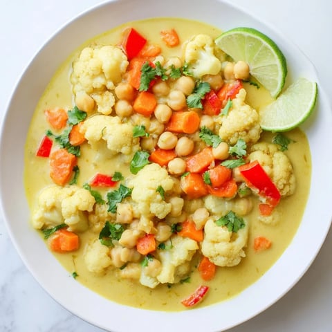Creamy curried cauliflower and chickpea stew, garnished with cilantro, ready to be devoured fresh.