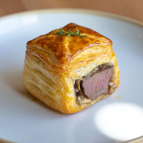 Golden, flaky Simplified Christmas Beef Wellington Bites, filled with savory beef and mushroom, ready to enjoy.