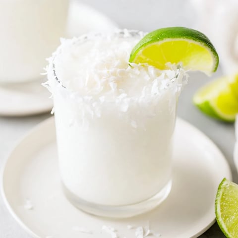 A creamy White Christmas Margarita Slush, garnished with coconut and lime wedges, looks refreshingly festive.