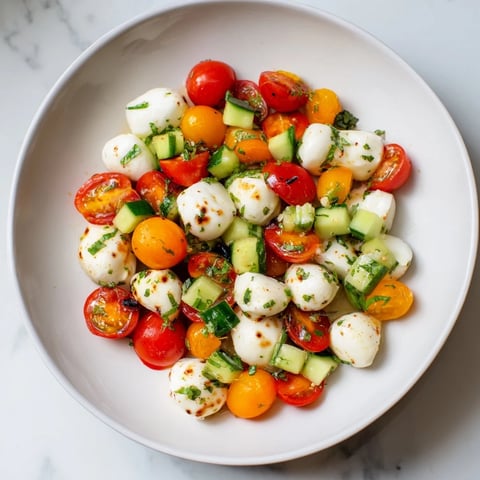 Fresh Simple Holiday Chopped Caprese Salad, vibrant with red tomatoes, mozzarella, and basil, ready to serve.