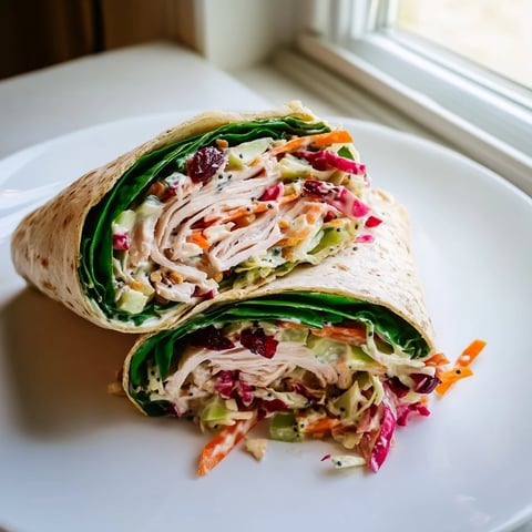 Vibrant cranberry apple slaw topping a turkey wrap, drizzled with creamy Greek yogurt dressing.
