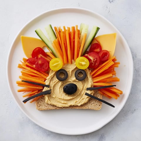 King of the Jungle Lion Lunch Board with a colorful, healthy design featuring fresh fruits and veggies.
