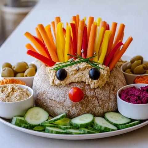 Delightful Autumn Hedgehog Dip Platter featuring colorful vegetable "spines" and creamy dips for dipping.