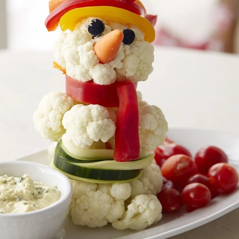 Snowman Crudités with Dip: A colorful, healthy appetizer featuring a veggie snowman with creamy herb dip.